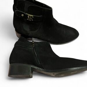 Black Suede Ankle Boots Block Heel Gold Buckle Zipper Size Tommy Hilfiger